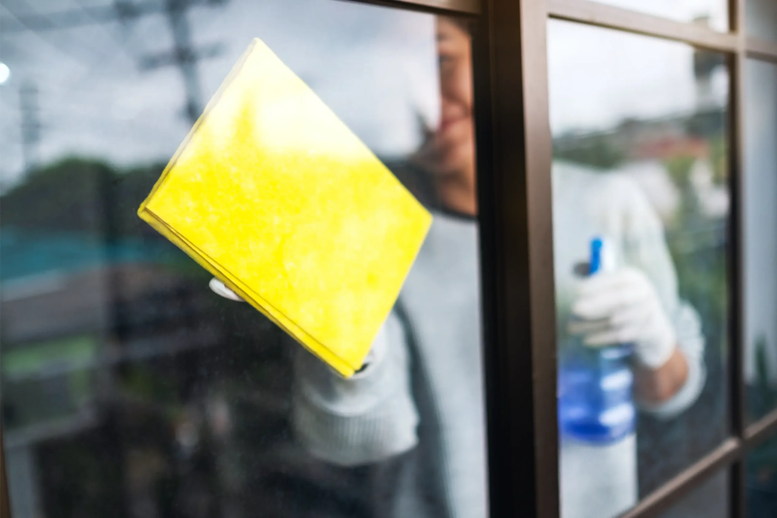 przecieranie szyby zwilżoną ściereczką